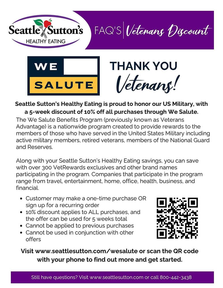 Seattle Sutton's Healthy Eating we salute veteran's customer handout